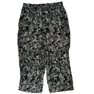 Lane Bryant Black Floral Linen Pants Women's 14 Lightweight Resort Elastic Waist